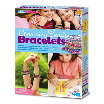 Front cover of Charming Beads Bracelets box featuring photos of girls wearing and making bracelets.