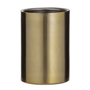 A gold wine cooler in the shape of a cylinder.