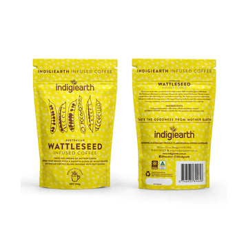 Two yellow packets pictured, the left one shows the front of the package and the right one shows the back. The front one has a line drawing of wattleseeds and the text 'Australian Infused Coffee' written in brown. The back has more product information.