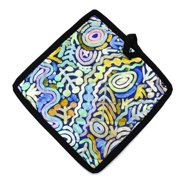 A square shaped pot holder with a black border and artwork by Cedric Varcoe in yellow and blue.