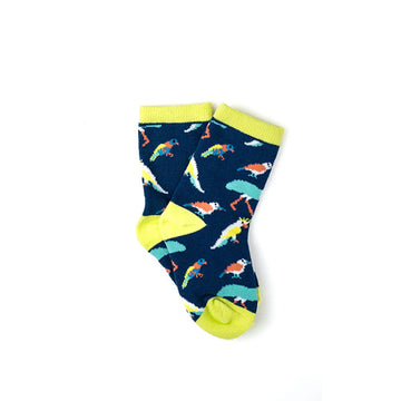 A pair of socks in navy blue witrh yellow heels, toes and cuffs and printed with Australian birds.