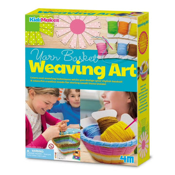 Front cover of Basket Weaving Art kit featuring photos of kids weaving baskets, a completed basket filled with balls of string and images of the coloured strings inside.