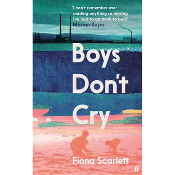 'Boys Don't Cry' book cover featuring a photo silhouette of two boys playing in the sand against a coloured background in blue, green and pink.