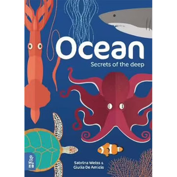'Oceans Secrets of the Deep' book cover featuring illustrated sea animals including a turtle, shark and octopus on a blue background.