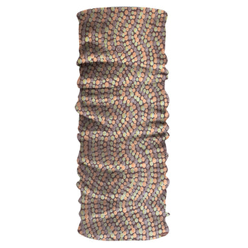 A tubular fabric printed with artwork by Valerie Brumby in orange, green and purple dots forming wavy lines.