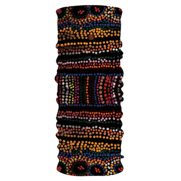 A tubular fabric printed with artwork by Sheila Yakka Jones. The artwork features multicoloured dots on a black background.