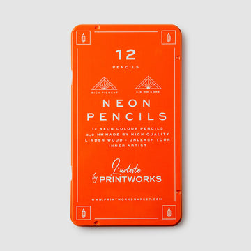 A tin case in a red orange with the heading 'Neon Pencils'.