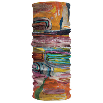 A tubular fabric printed with artwork by Nora Wompi, Nora Nungabar and Bugai Whoyoulter in a multicoloured design