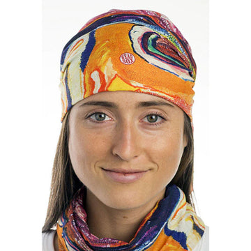 A tubular fabric printed with artwork by Nora Wompi, Nora Nungabar and Bugai Whoyoulter in a multicoloured design