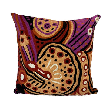 Woven woollen, zippered cushion cover 40cm x 40cm, stitched onto cotton base. Artwork by Julie Woods. Two yellow ochre circular shapes, purple patches, red ochre, yellow ochre, white circles.