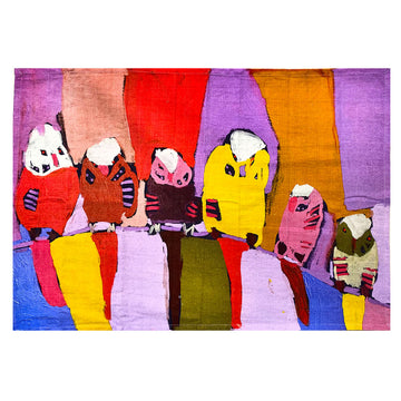 A printed cotton tea towel with six illustrated birds on a multicoloured striped background. The artwork is by Karen Napaljarri Barnes.