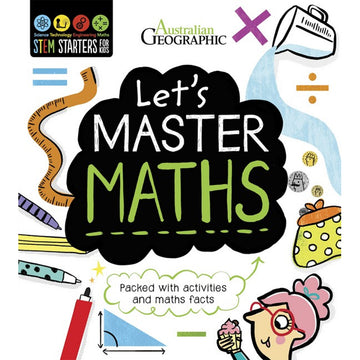 'Let's Master Maths' book cover featuring illustrations of a jug pouring water, pencils, a measuring tape and a person holding a cupcake.