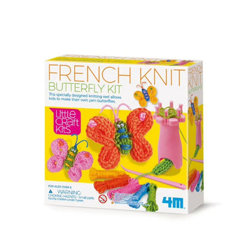 Front cover of French Knit Butterfly Kit with images of knitted butterflies and the machine and materials used to create them.