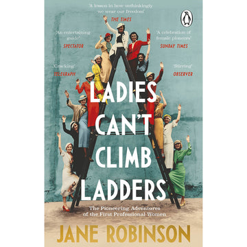 'Ladies Can't Climb Ladders' book cover featuring a photo of thirteen women standing on a large black ladder in front of a blue green wall.