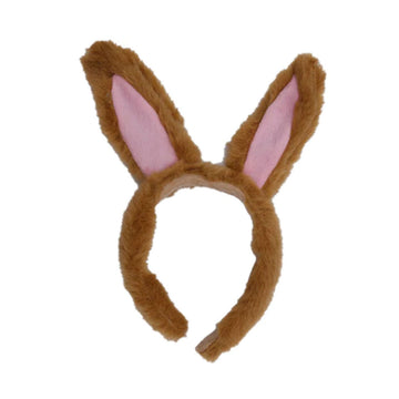 A brown furry headband with brown and pink kangaroo shaped ears.