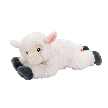 A lamb soft toy in white with dark grey hooves lying on its belly.