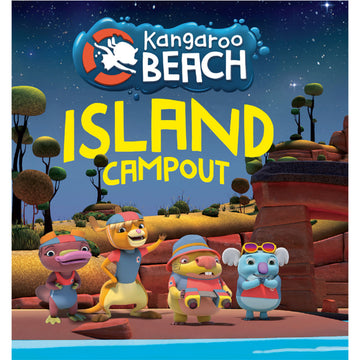 'Kangaroo Beach Island Campout' book cover featuring a 3D illustration of a platypus, kangaroo, wombat and koala dressed in swimwear looking out to the water with land behind them.