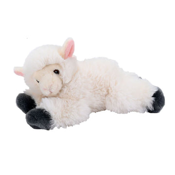 A white lamb soft toy with black hooves is lying on its belly.