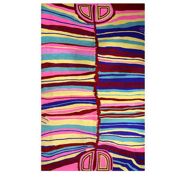 A rectangle shaped rug is laying flat and features artwork by Judy Watson with different coloured lines horizontally across the rug.