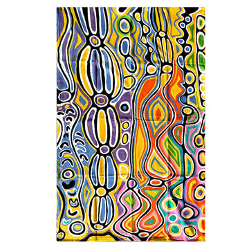 Top down view of a large rug laying flat and printed with artwork by Judy Watson.