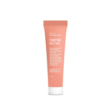 Peach coloured tube with white text showing the name and description of the product.