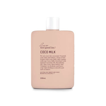 A peach coloured square bottle with dark coloured text including the name and product description.