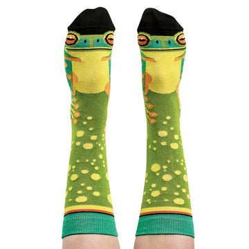 Front view of a person wearing knee high socks printed with a frog's face and features.