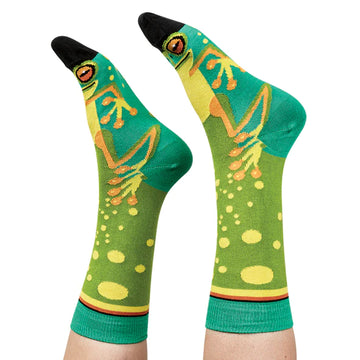 Front view of a person wearing knee high socks printed with a frog's face and features.