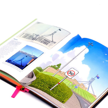 'The Book of Canberra' front cover featuring an illustrated image of a black dome with white lights and purple arches. The spine of the book is pink with a pink bookmark ribbon.
