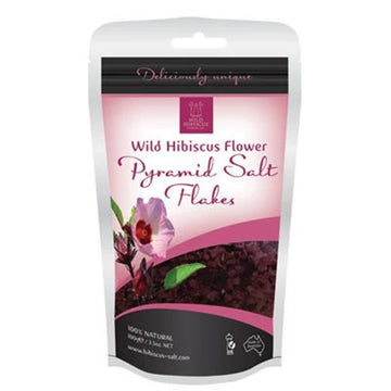 Foil hang-sell package with large pink label, photo of a flowering hibiscus plant and salt product. Wild hibiscus flower, logo, and Pyramid Salt Flakes in red type. Made In Australia. 