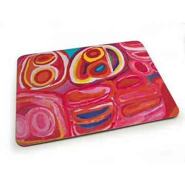 Rectangle placemat with heat, stain, and scratch resistant indigenous art print, with cork backing. Depicts indigenous artwork titled Sunday Well. Indigenous motifs, red, pink, white, blue, brightly coloured.
