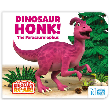 'Dinosaur Honk! The Parasaurolophus' book cover featuring a 3D illustrated purple dinosaur in front of a tree and small plant.