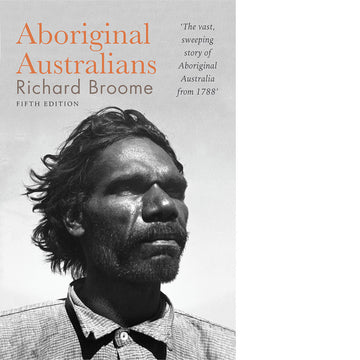 Black and white three-quarter view photographic portrait of  a  man dressed in a shirt, looking to the horizon. Aboriginal Australians is printed in orange text.