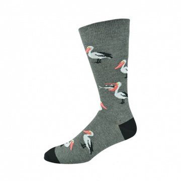 A grey sock with a black heel and toe is pictured with a pelican print all over.