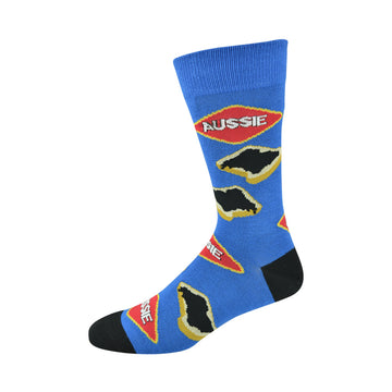 A blue sock is pictured with a black heel and toe and a toast print over the sock.