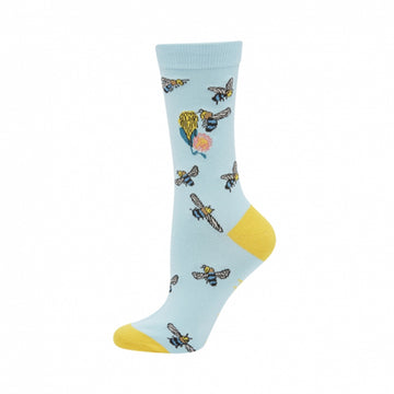 Side view of a women's sock featuring bees on a light blue background. The toe and heel of the sock is yellow.