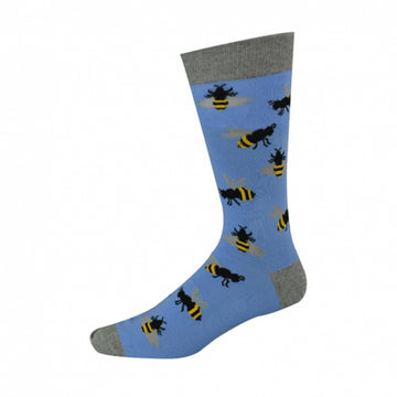 A blue sock with a grey heel and toe is pictured with a bumblebee print all over.