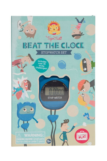 'Beat the Clock Stopwatch set' box cover featuring illustrations of children performing different activities and timing each other.