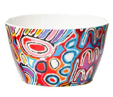 Bright and colourful fine bone china nut bowl featuring artwork by Warlukurlangu Artist Judy Watson. Glossy white glaze inside.