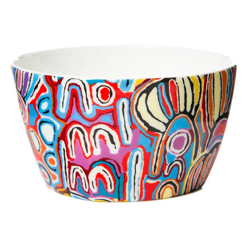 Bright and colourful fine bone china nut bowl featuring artwork by Warlukurlangu Artist Judy Watson. Glossy white glaze inside.