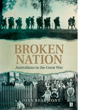 'Broken Nation' book cover featuring a photograph of soldiers walking in two rows on the top half and a photograph of a large family standing around the front of a house.