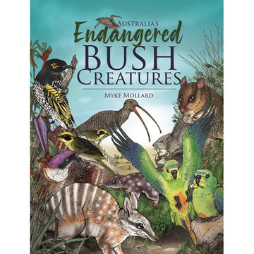 'Australia's Endangered Bush Creatures' book cover featuring illustrated animals including birds and marsupials.