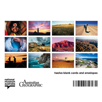 Card pack box with a photo of a person walking through the outback carrying bags on their back. Three cards are in front of the box each with a different photograph.