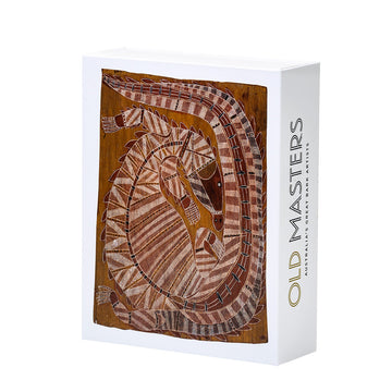 Glossy white, gift boxed set of twelve cards featuring a crocodile bark painting. Old Masters printed in black and gold on the side. Four cards are standing to the left.