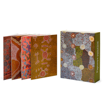 Pack of twelve greeting cards featuring paintings from Papunya. Packaged in a glossy green gift box with a Papunya dot art painting on the cover.