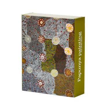 Pack of twelve greeting cards featuring paintings from Papunya. Packaged in a glossy green gift box with a Papunya dot art painting on the cover.