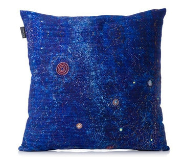 Cushion cover with zip, 45cm x 45cm by Warlukurlangu Artists. Vivid blue colour, small red circle, White dots, painting by Alma Granites. Made in Australia.