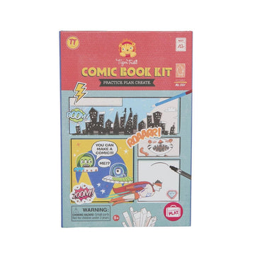 'Comic Book Kit' box cover with a comic featuring building silhouettes, aliens and a superhero in the process of being drawn and coloured in.