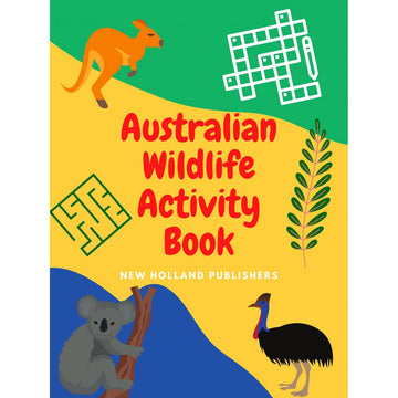 'Australian Wildlife Activity Book' book cover featuring a kangaroo, koala and emu with pictures of a maze and crossword.