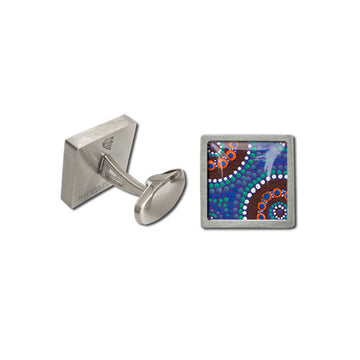 Brushed, square, stainless-steel cufflinks in front and rear view. Features Camping Around Waterholes artwork by Kathleen Buzzacott. Blue background; brown brush strokes; orange, blue, and white dot art. Australian Made.
